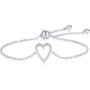 Adjustable silver hollow heart charm bracelet with slider clasp for women and girls