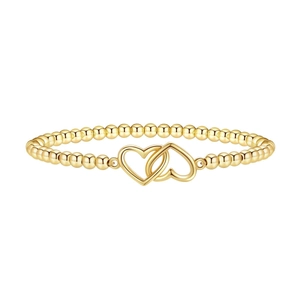 Polished golden beaded bracelet featuring interlocking hollow heart charms on white background