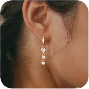 Elegant 18k gold plated hoop earrings with three descending round zircon drop pendants