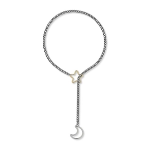 Collana a Y lariat con stella dorata e ciondolo a luna argentata su catena in metallo