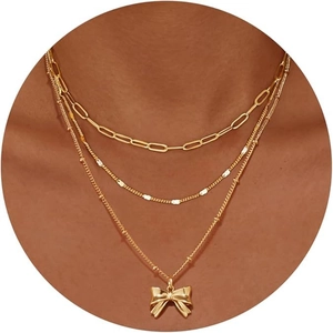 Mode Mehrlagige Büroklammer Kette Halskette Für Damen 14K Gold Silber Plattiert Schleife Kreuz Anhänger Kupfer Schmuck