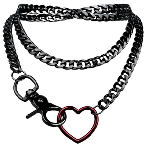 Catena cubana nera in stile punk con ciondolo a cuore rosso scuro e moschettone