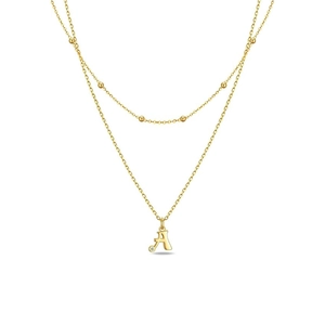 Golden layered beaded chain necklace featuring a rhinestone-set letter A pendant charm