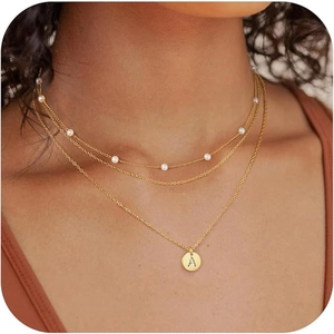 Mode Collier Initiale en Cuivre Multicouche Plaqué Or Argent Pendentif Lettre Pièce Ronde Avec Charme de Künstliche Perle Bijoux de Tous les Jours Femmes