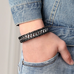 Men's Punk Braided Genuine Leather Bracelet With Titanium Steel Chain Inset Minimalist Magnetic Clasp Industrial Style Wristband