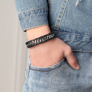 Men's minimalist black leather braided bracelet with silver stainless steel chain link