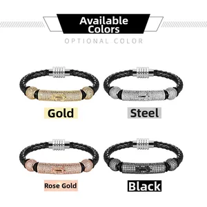 Men's Braided Leather Bracelet With Stainless Steel Magnetic Clasp Zirconia Anchor Nautical Punk Style Wristband Jewelry Gift