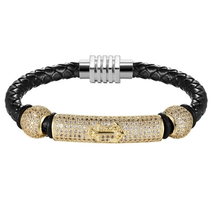 Braided black leather bracelet with a gold anchor pendant and sparkling crystal details