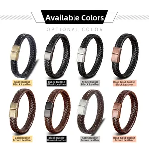 Braided leather bracelets with stainless steel magnetic clasps in various color options