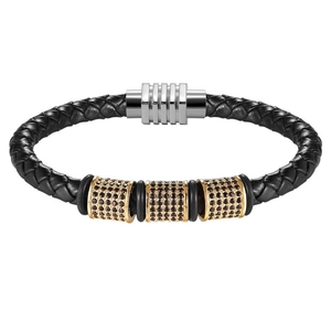 Gevlochten zwarte leren herenarmband met drie gouden kralen en een zilveren sluiting