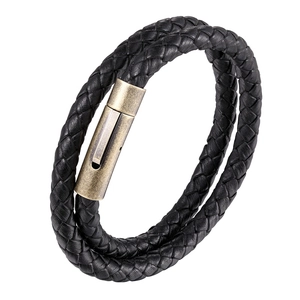 Men's multilayer black braided leather bracelet with vintage bronze magnetic clasp