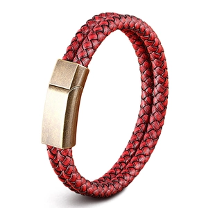Punk style red and black braided leather bracelet with vintage magnetic steel clasp