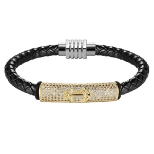 Men's braided leather bracelet with golden anchor charm and cubic zirconia inlay