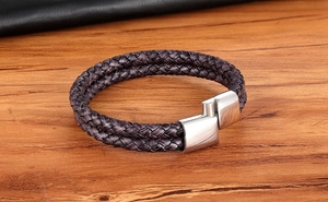 Close-up of double-braided leather bracelet with silver magnetic stainless steel clasp