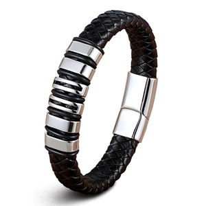 Men's braided black leather bracelet with seven stainless steel rings and magnetic clasp