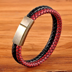 Punk style dual-tone braided leather bracelet with vintage magnetic steel clasp