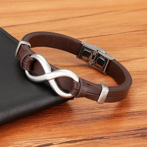Men's brown braided leather bracelet with infinity symbol and stainless steel clasp