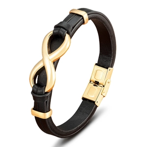 Men's leather bracelet with a gold infinity charm and stainless steel clasp on white background