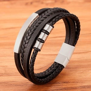 Men's multilayer black braided leather bracelet with silver stainless steel metal accents