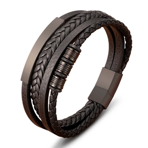 Three-layer braided leather bracelet for men with matte metal beads and magnetic clasp