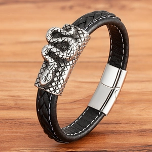 Herren Punk-Lederarmband mit silbernem Schlangen-Anhänger und praktischem Magnetverschluss