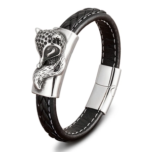 Geflochtenes Herrenarmband aus schwarzem Leder mit Vintage-Fuchskopf und Magnetverschluss
