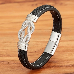 Herren Armband aus geflochtenem Leder mit Unendlichkeitssymbol und Zirkonia Steinen