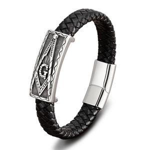 Men's braided black leather bracelet with Freemasonry symbol and magnetic clasp