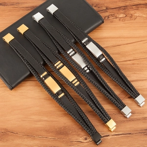 Mehrlagiges geflochtenes Lederarmband für Herren mit Gold- und Silber-Metallplatte
