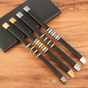 Men's stylish woven black leather bracelets with stainless steel magnetic clasps