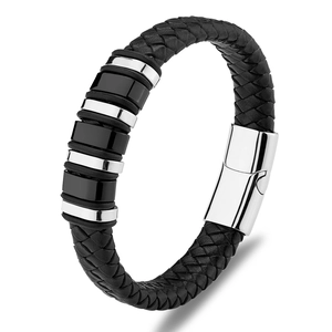 Fashion braided black leather men's bracelet with polished stainless steel magnetic clasp