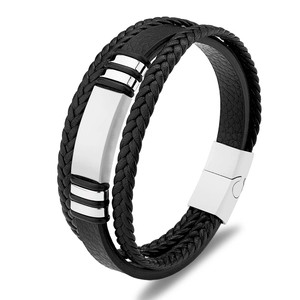 Mehrlagiges schwarzes Lederarmband für Herren mit Edelstahl-Magnetverschluss in Silber