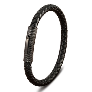 Bracelet minimaliste pour hommes en cuir tressé noir avec fermoir en acier inoxydable