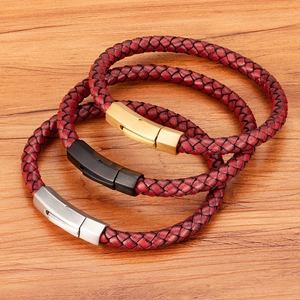 Three-piece braided leather bracelets with gold, silver, and black brushed metal clasps