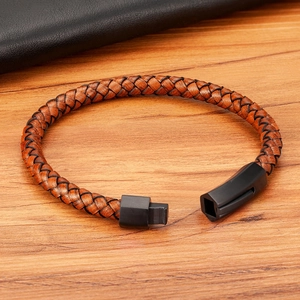 Minimalist brown braided leather men's bracelet with matte black magnetic stainless steel buckle