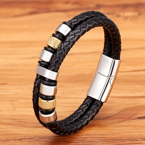 Herren Mehrlagiges Geflochtenes Lederarmband Edelstahl Magnetverschluss Hip Hop Gewebter Schmuck Handaccessoire Mode Geschenk