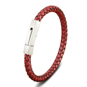 Men's minimalist braided red leather bracelet with brushed stainless steel clasp