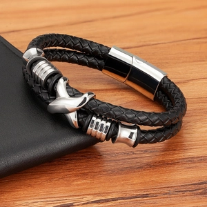 Zweilagiges schwarzes Lederarmband für Herren mit Edelstahl-Magnetverschluss für Stil