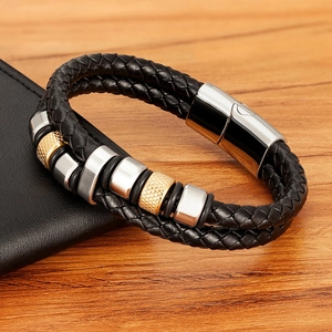 Mehrlagiges geflochtenes Lederarmband für Herren mit Silber-Schiebern und Magnetverschluss