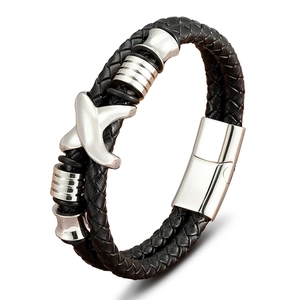 Zweilagiges schwarzes Lederarmband für Herren mit silbernem X-förmigem Stahlelement