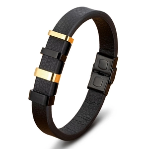 Bracciale da uomo in pelle con accenti in acciaio inossidabile e chiusura nero e oro