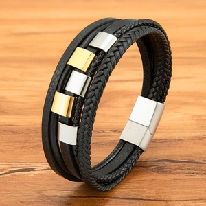 Mode Herren Mehrlagiges Lederarmband Mit Edelstahl Magnetverschluss Retro Geflochtene Kordel Metallgleiter Trendy Armreif
