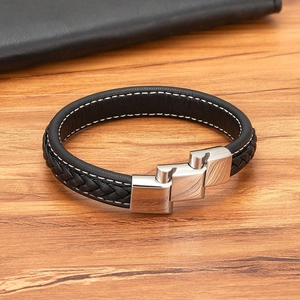Men's black braided leather bracelet with brushed stainless steel magnetic clasp