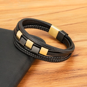 Handgefertigtes mehrlagiges schwarzes Lederarmband mit Magnetverschluss für Herren im Retro-Stil