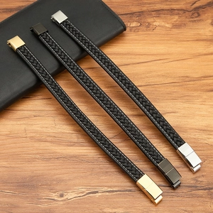 Three men's braided leather bracelets with stainless steel magnetic clasps in various colors
