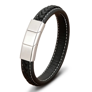 Men's braided black leather bracelet with white stitching and silver magnetic steel clasp