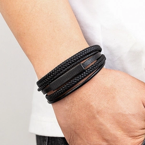 Multilayer black leather braid bracelet for men with textured stainless steel metal plaque