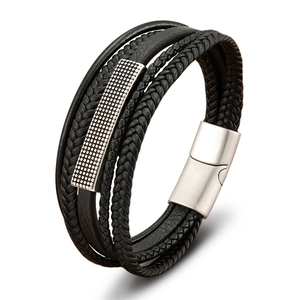 Multi-layer woven black leather bracelet for men with matte silver magnetic metal clasp