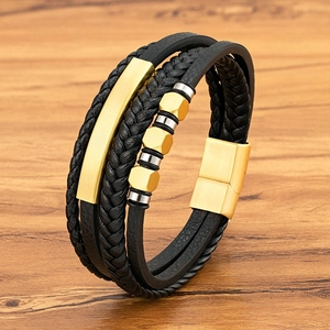 Herren Mehrschichtiges Geflochtenes Lederarmband Mit Edelstahl Magnetverschluss Gold Silber Schwarz Metallperlen Armreif Schmuck