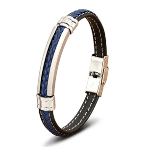 Blauw en zwart gevlochten lederen armband met roestvrijstalen sluiting voor heren